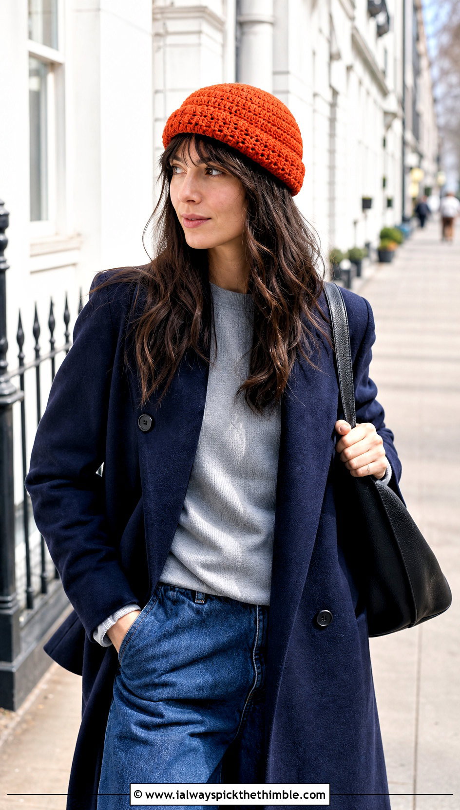 Fisherman Crochet Beanie With Long Coat - 20 crochet hat for beginners outfit ideas