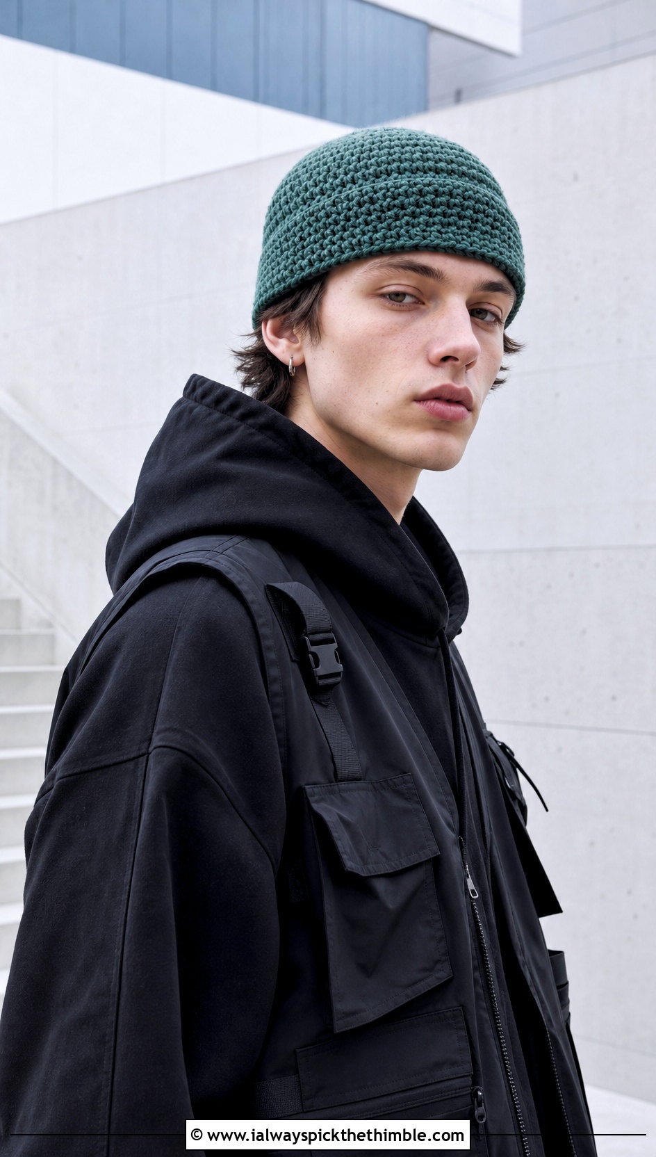 Fisherman Crochet Beanie With Monochrome Streetwear - 20 Unisex Crochet Hat outfit ideas