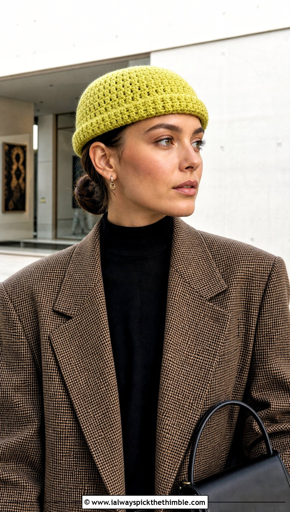 Fisherman Crochet Beanie With Oversized Blazer - 25 cute crochet hat outfit ideas