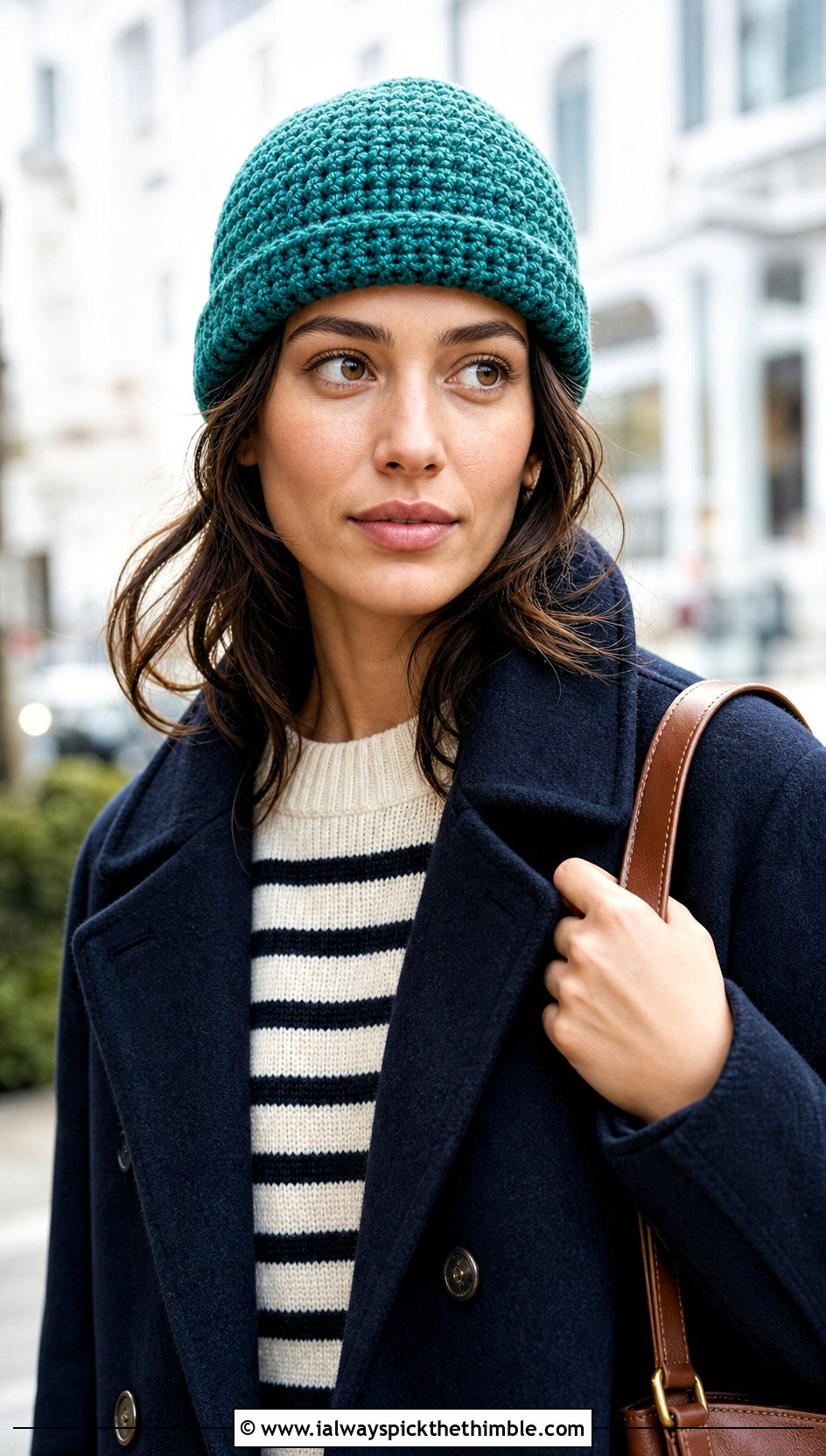 Fisherman Crochet Beanie With Peacoat - 20 winter crochet hats outfit ideas