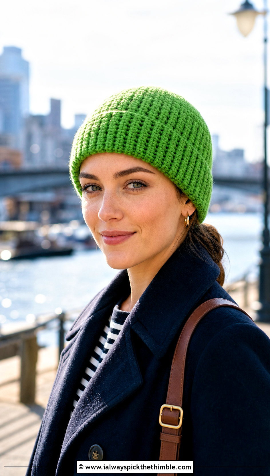 Fisherman Crochet Beanie With Peacoat And Cropped Trousers - 20 beginner crochet beanie outfit ideas