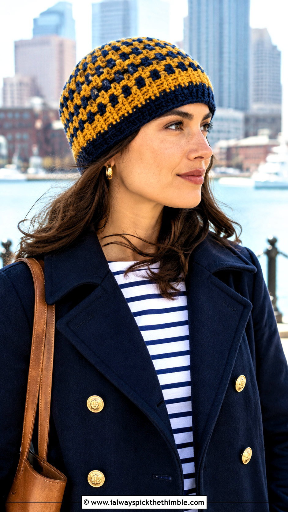 Fisherman Crochet Beanie With Peacoat And Jeans - 20 2 color crochet beanie hat outfit ideas