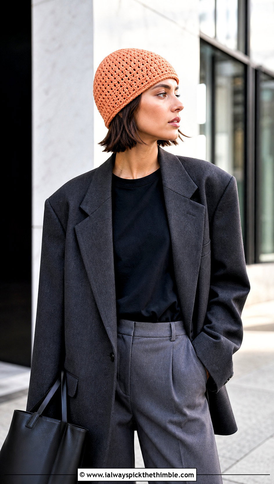 Fisherman Crochet Beanie With Tailored Blazer - 20 Fall Crochet Beanie outfit ideas