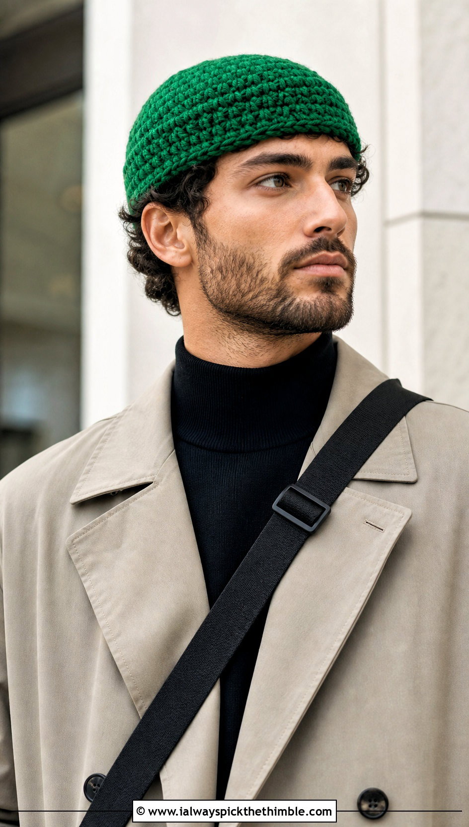 Fisherman Crochet Beanie With Trench Coat - 25 men's crochet hat outfit ideas