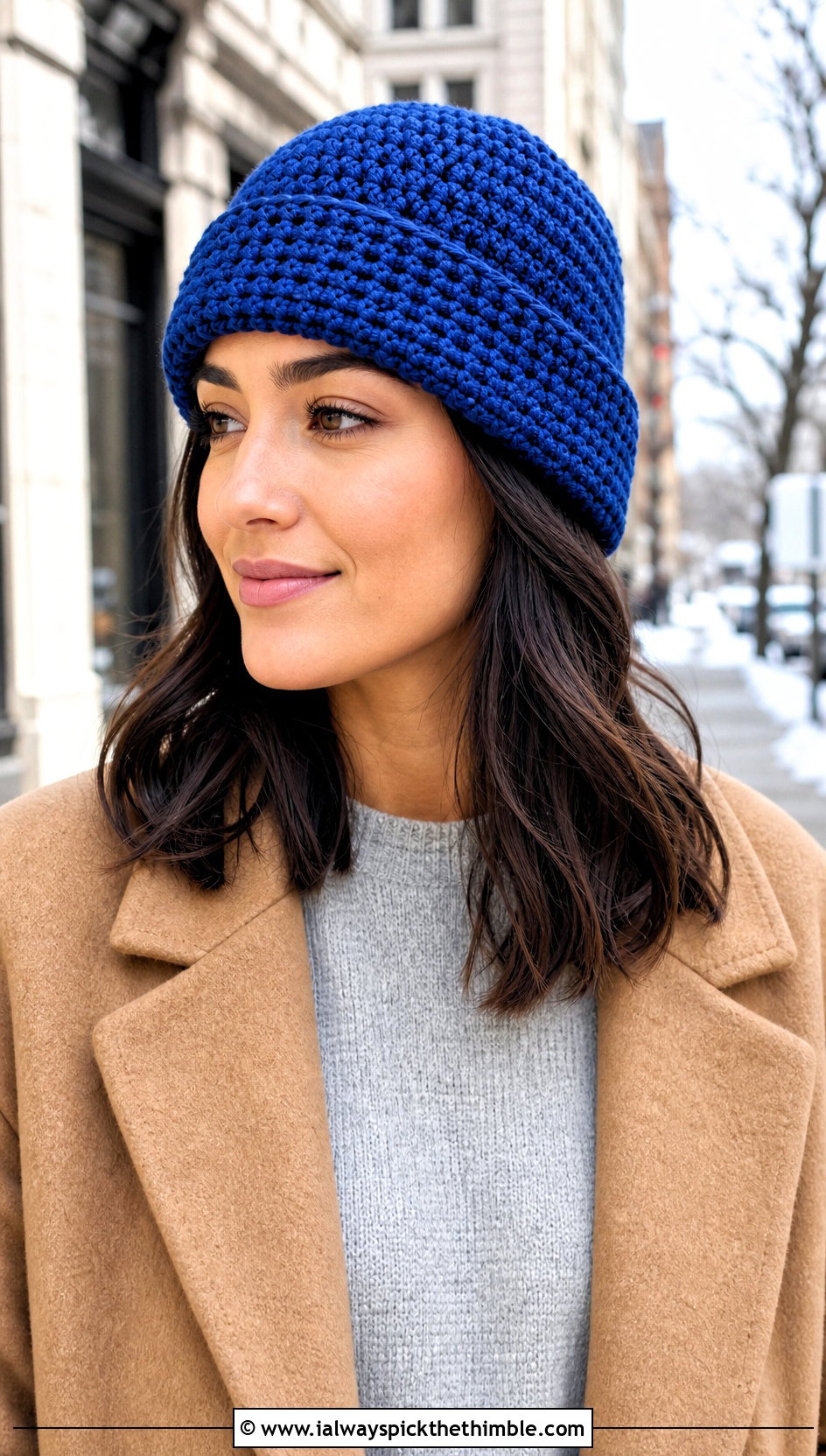 Fisherman Crochet Beanie With Wool Coat And Loose Jeans - 25 quick crochet hat outfit ideas