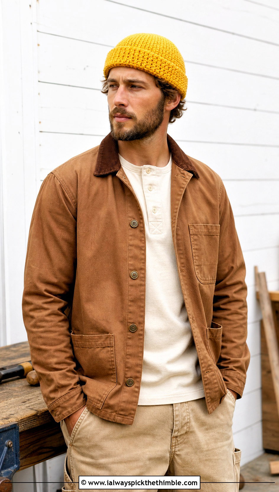 Fisherman Crochet Beanie With Workwear Jacket - 25 crochet hat for man outfit ideas