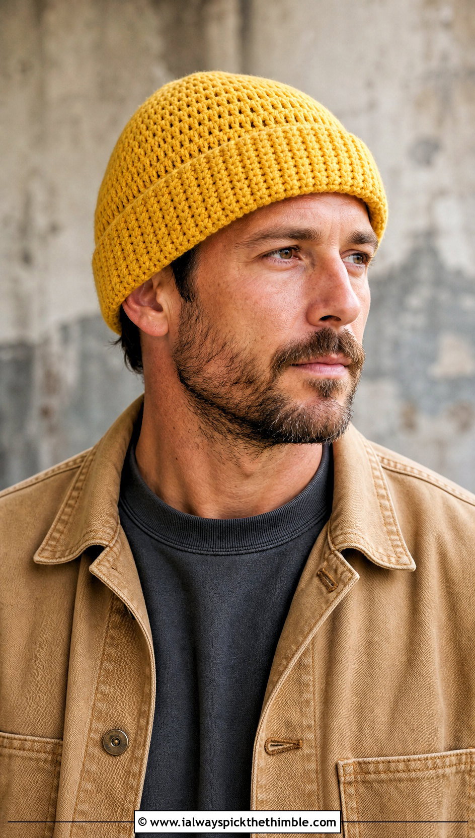 Fisherman Crochet Beanie With Workwear Jacket - 15 Crochet Mens Hats outfit ideas