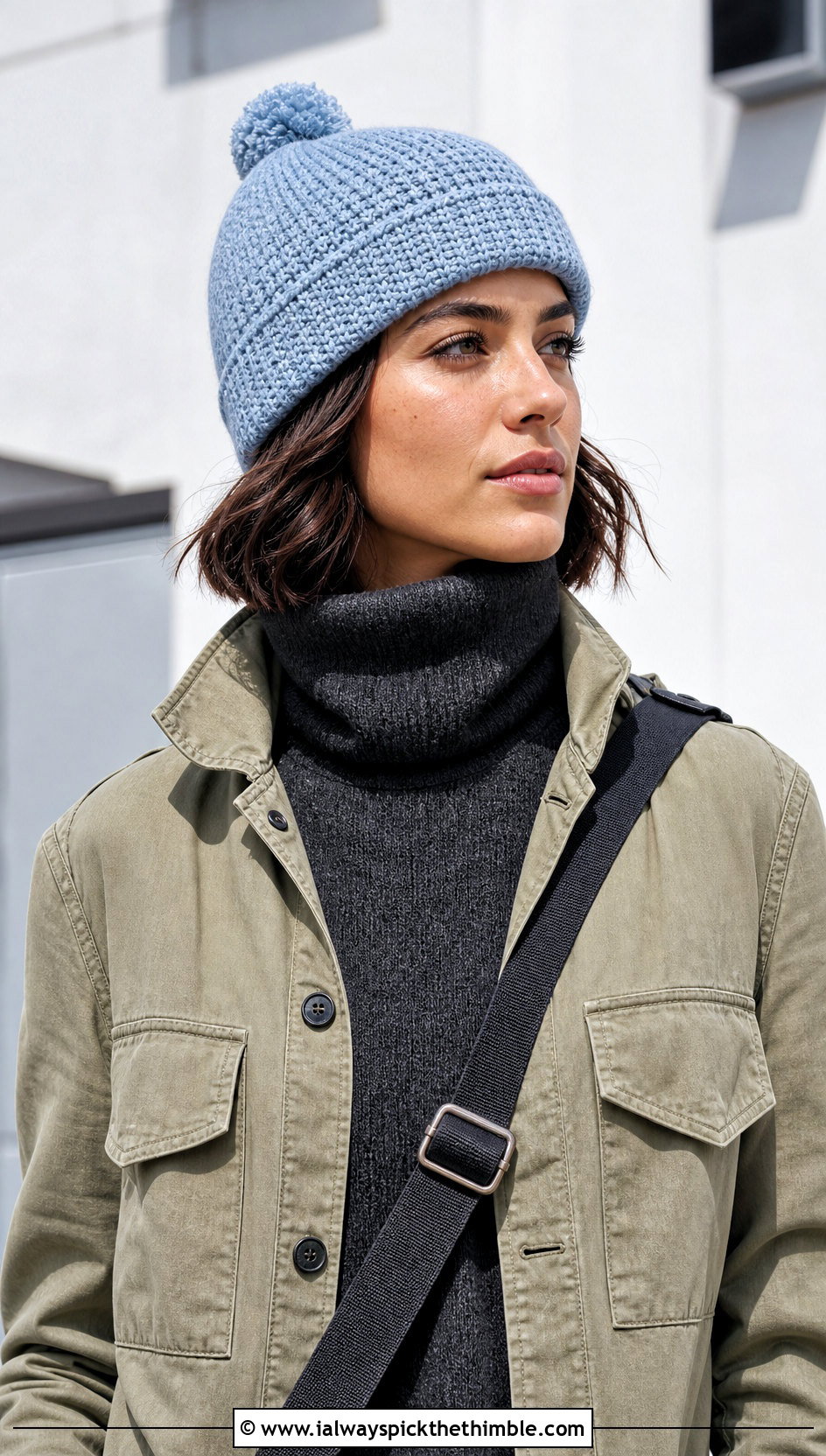 Fisherman Crochet Pom Pom Beanie With Utility Jacket - 20 crochet beanie with pom pom outfit ideas