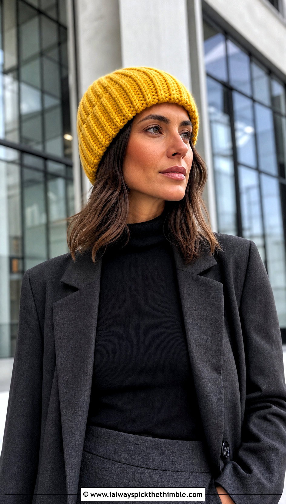 Fisherman Crochet Ribbed Beanie With Blazer And Column Skirt - 20 Easy Crochet Ribbed Hat outfit ideas
