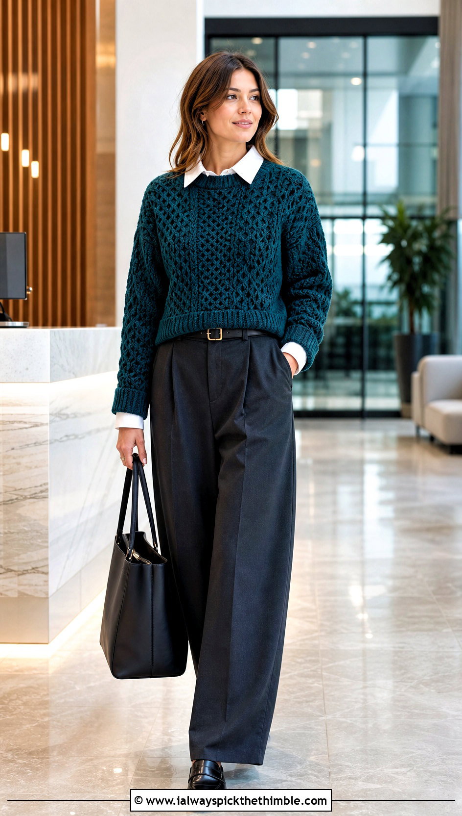 Fisherman Crochet Rory Gilmore Sweater With Tailored Trousers - 20 crochet rory gilmore sweater outfit ideas
