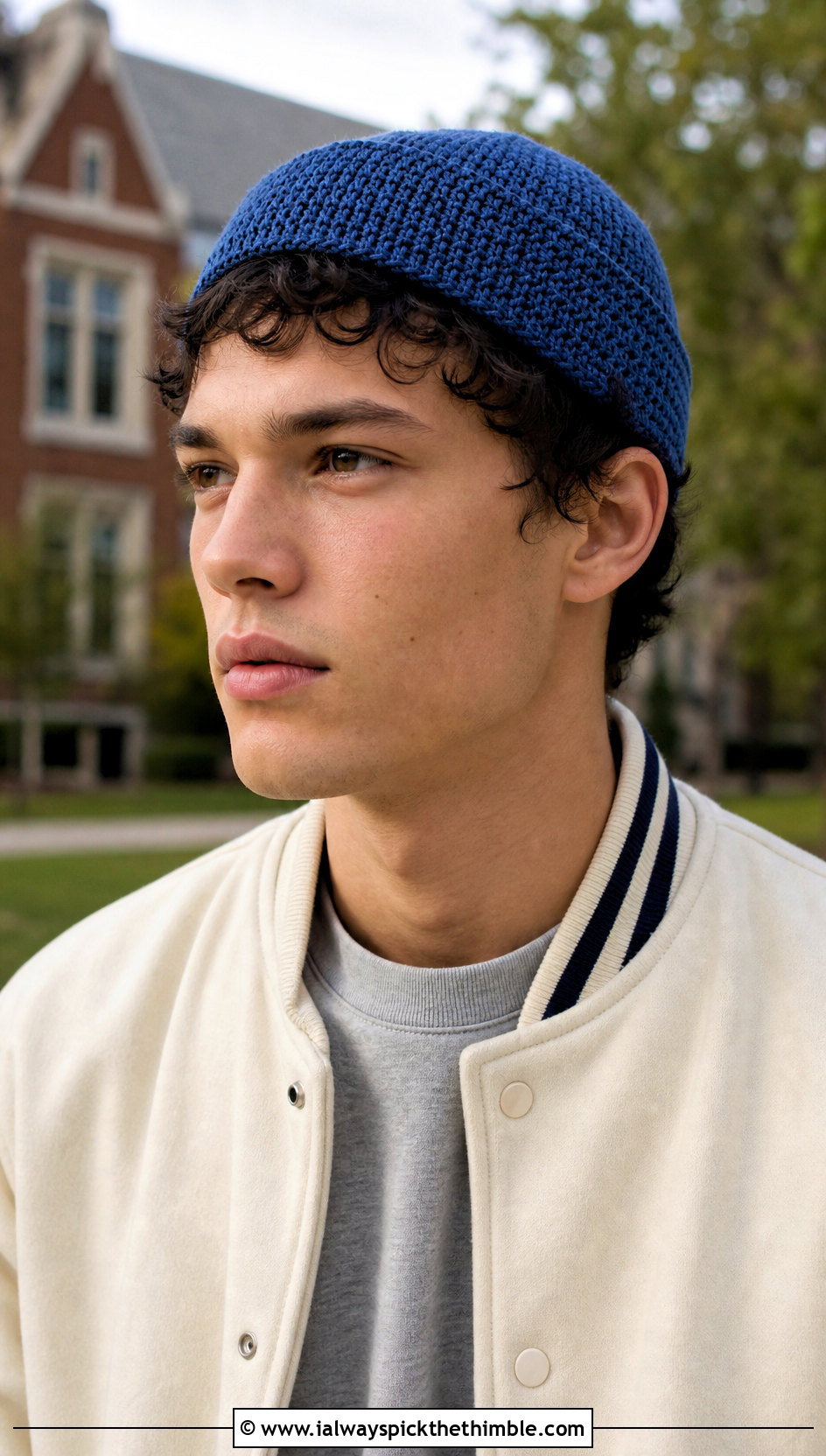 Fisherman Crochet Skull Cap With Varsity Jacket And Corduroy Pants - 20 Mens Crochet Skull Cap outfit ideas