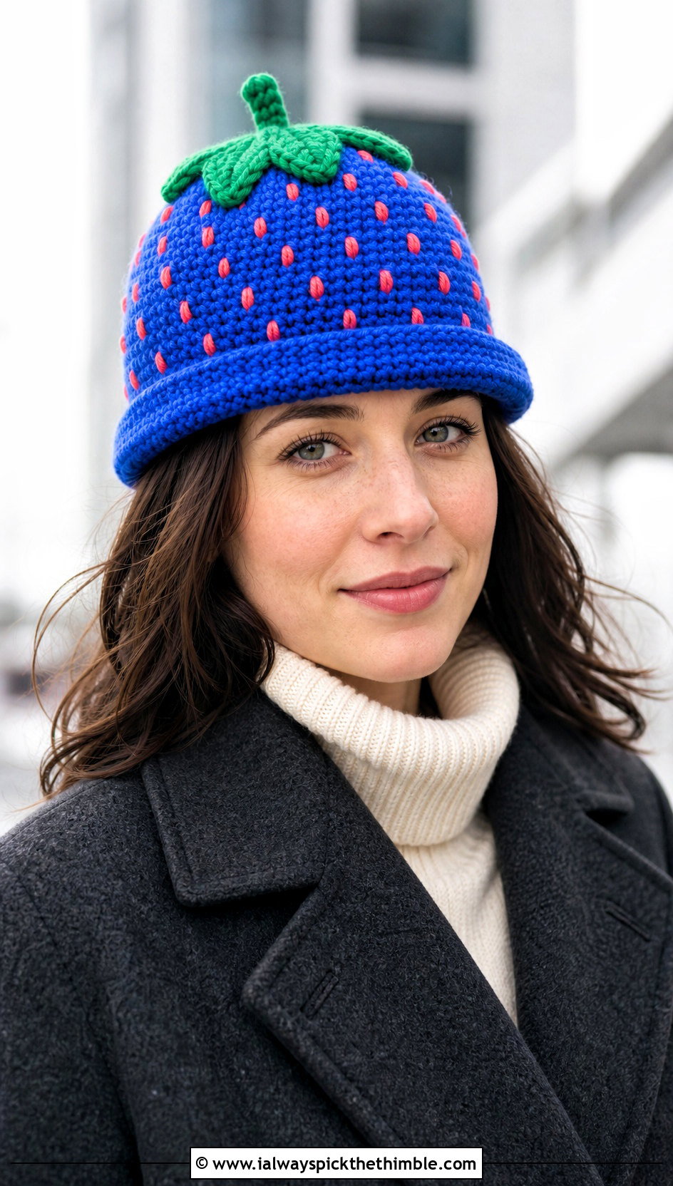 Fisherman Crochet Strawberry Beanie With Long Wool Coat - 20 Crochet Strawberry Beanie outfit ideas