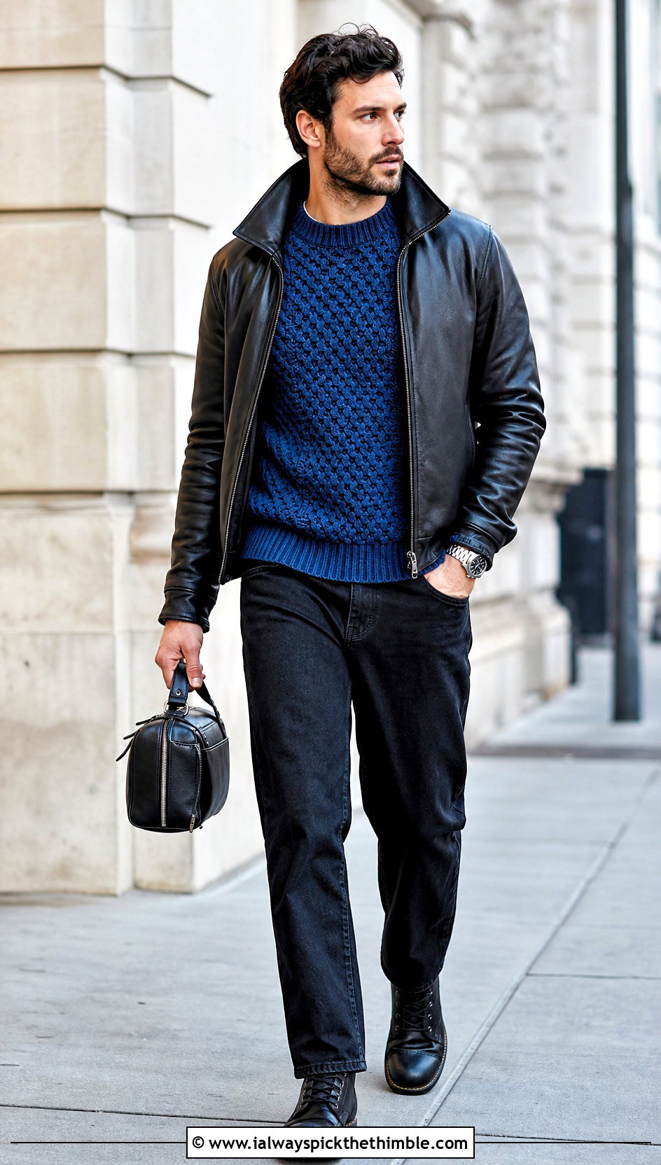 Fisherman Crochet Sweater With Leather Jacket - 20 Easy Crochet Mens Sweater outfit ideas