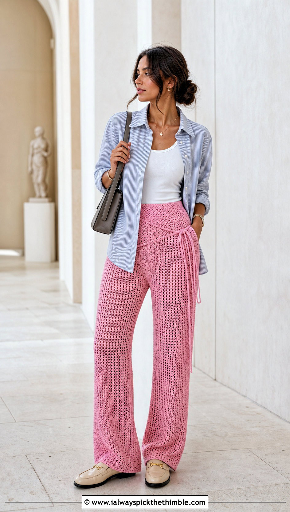 Fisherman Crochet Wrap Pants With Oxford Shirt - 15 crochet wrap around pants outfit ideas