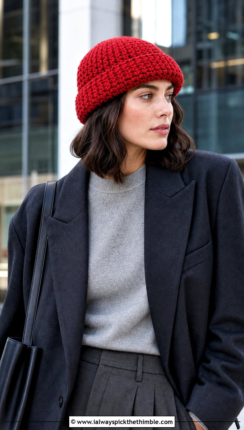 Fisherman Crocheted Beanie With Blazer And Wide Leg Trousers - 25 crocheted beanie outfit ideas