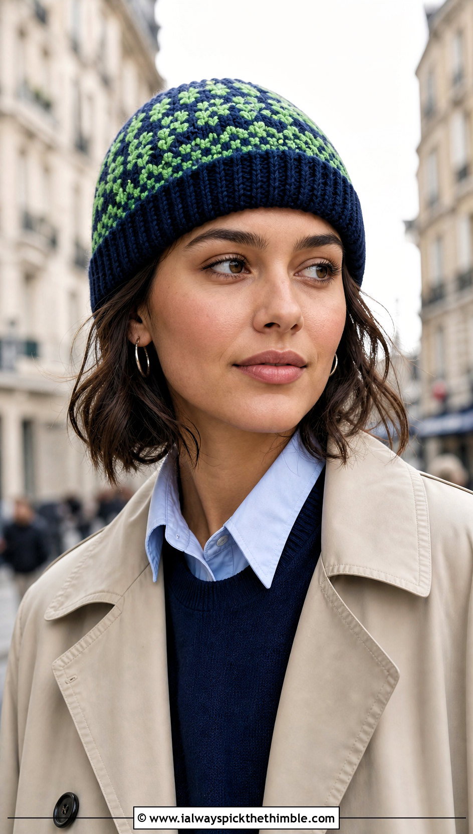 Fisherman Fair Isle Beanie With Trench Coat And Loafers - 20 Crochet Fair Isle Hat outfit ideas