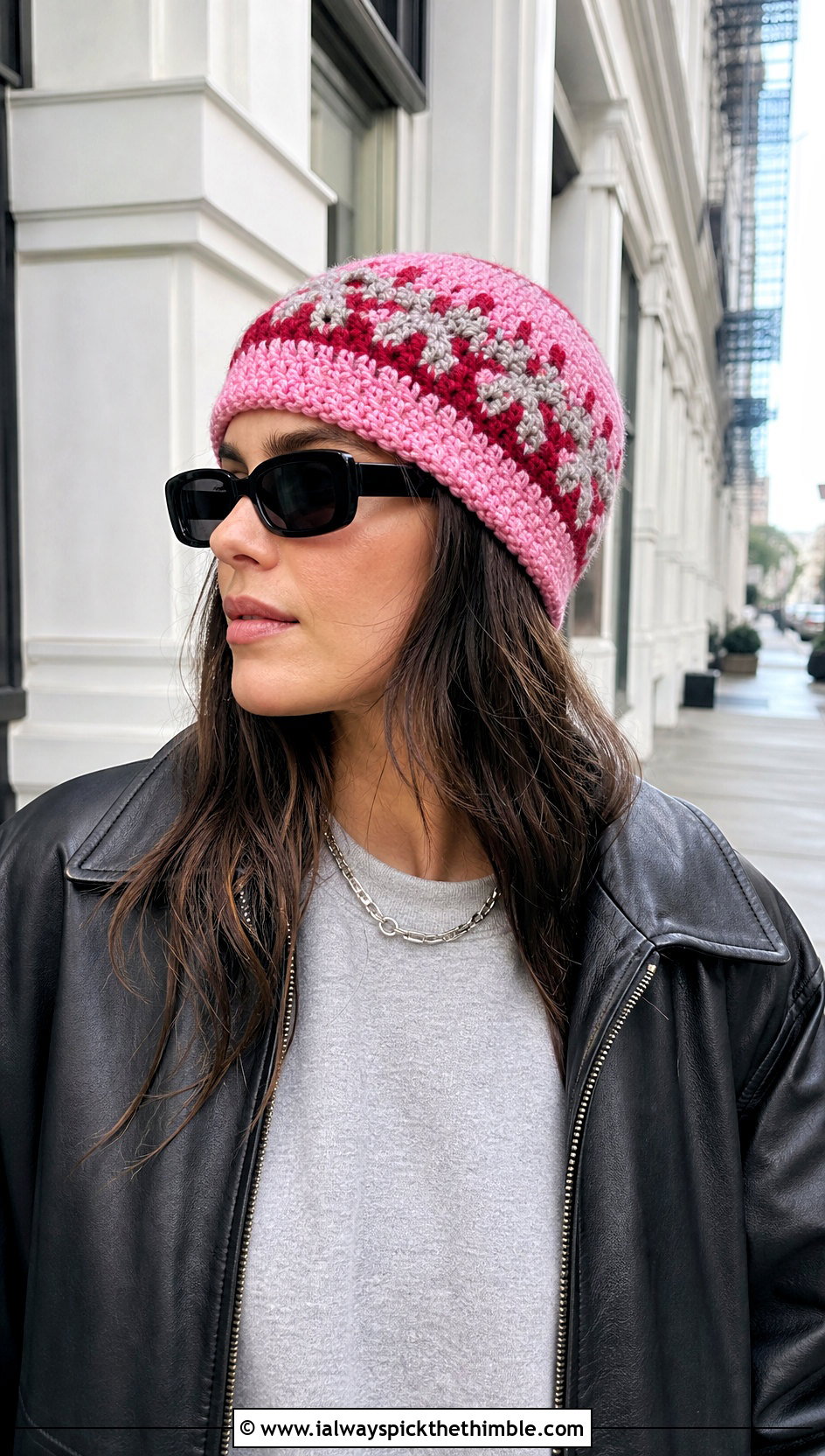 Fisherman Fair Isle Crochet Beanie With Leather Jacket - 20 Crochet Fair Isle Beanie outfit ideas