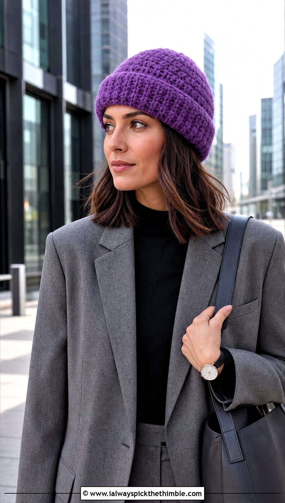 Fisherman Fluffy Crochet Beanie With Blazer - 20 fluffy crochet beanie outfit ideas