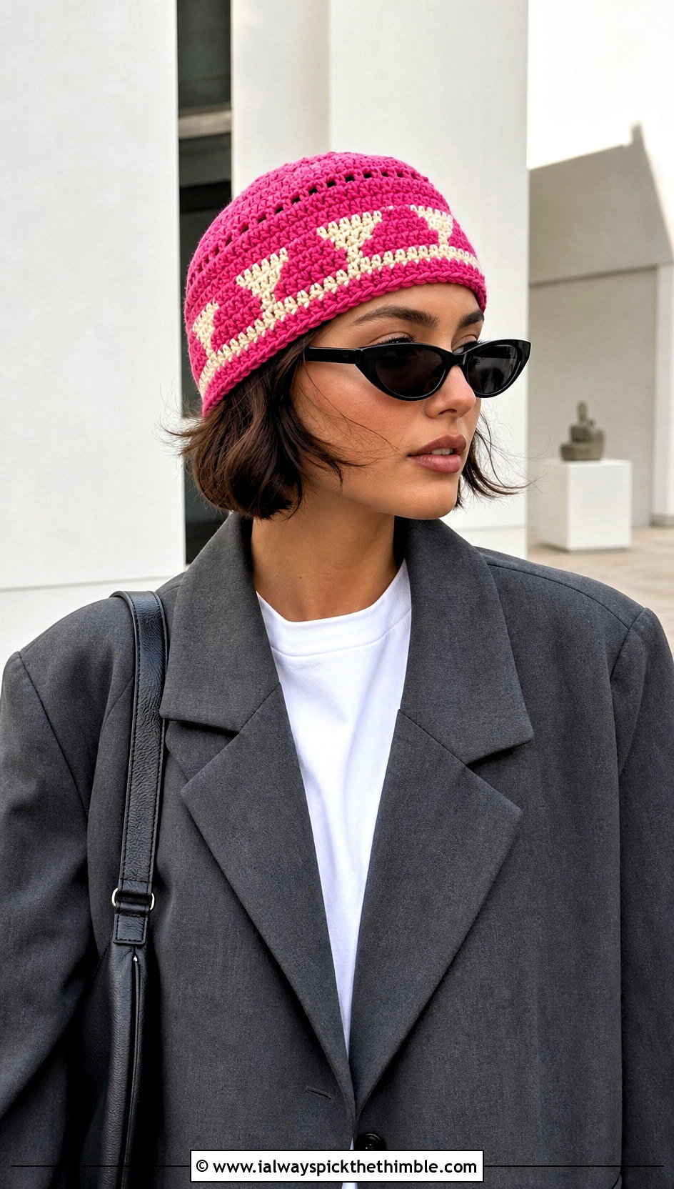 Fisherman Geometric Fair Isle Crochet Beanie With Oversized Blazer - 15 Fair Isle Crochet Beanie outfit ideas