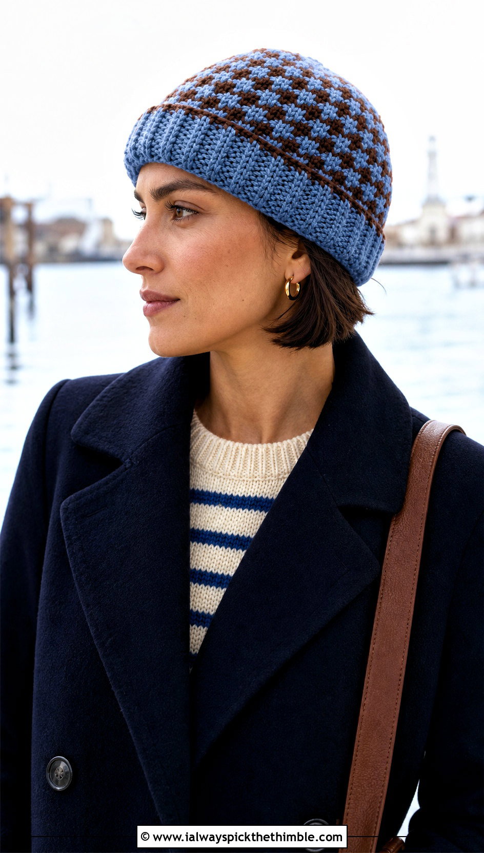 Fisherman Houndstooth Crochet Beanie With Peacoat - 15 houndstooth crochet hat outfit ideas