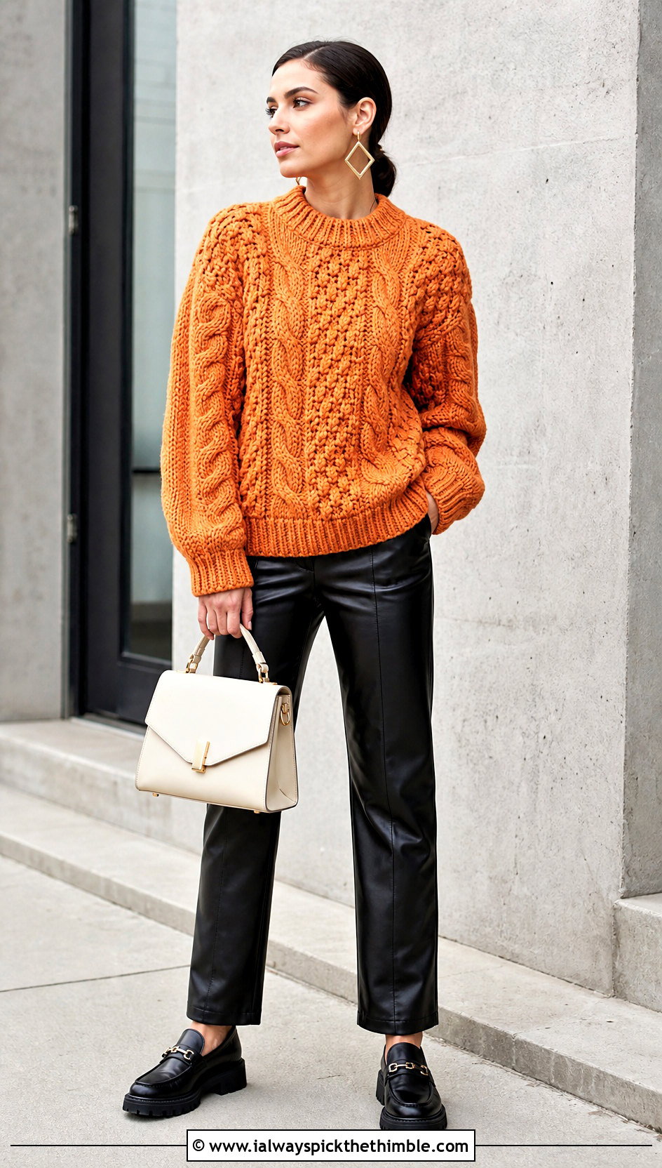 Fisherman Knit Look Crochet Sweater With Leather Pants - 20 knit look crochet sweater outfit ideas