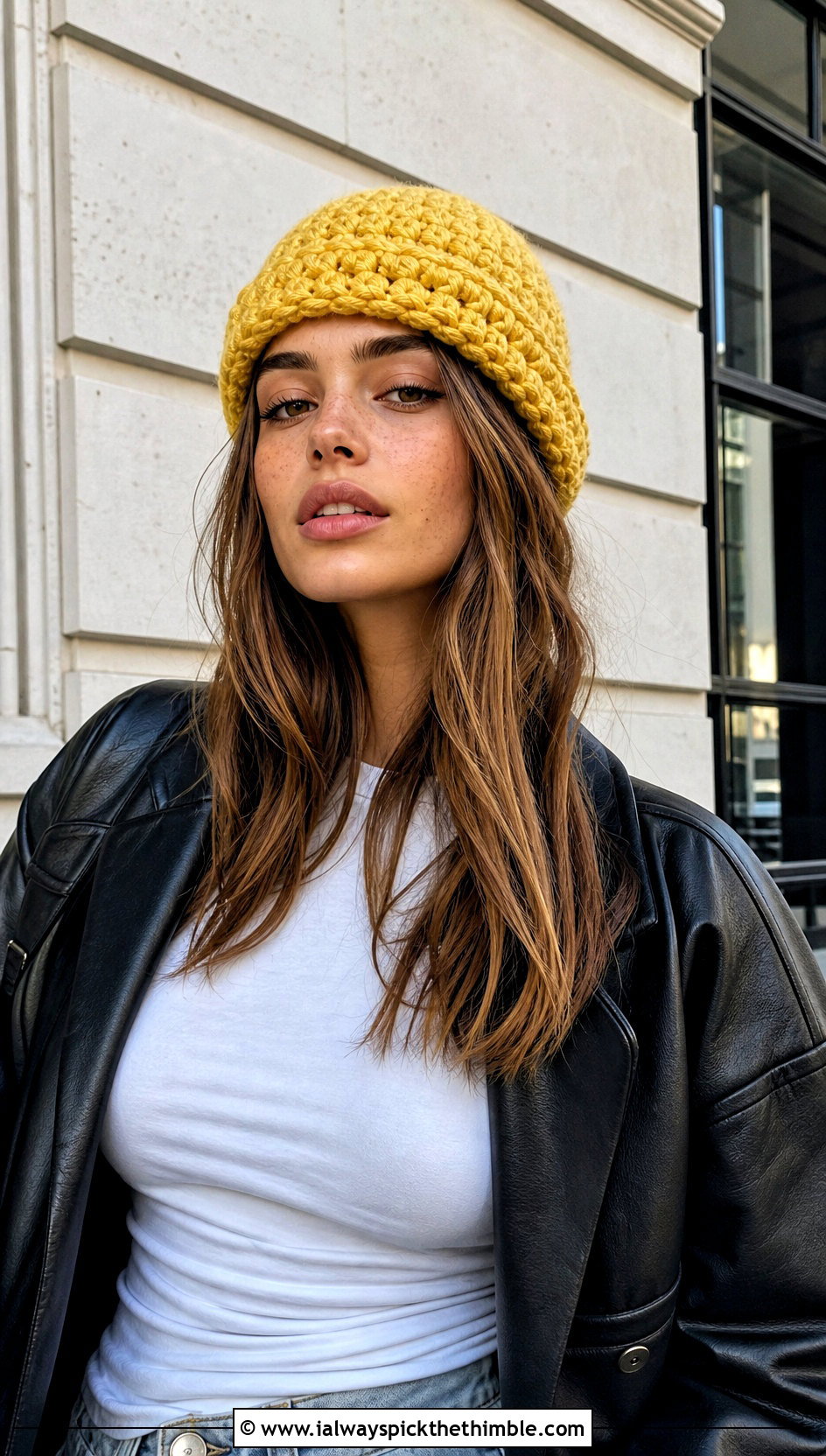 Fisherman Magic Circle Crochet Beanie With Leather Jacket - 20 Crochet Beanie Magic Circle outfit ideas