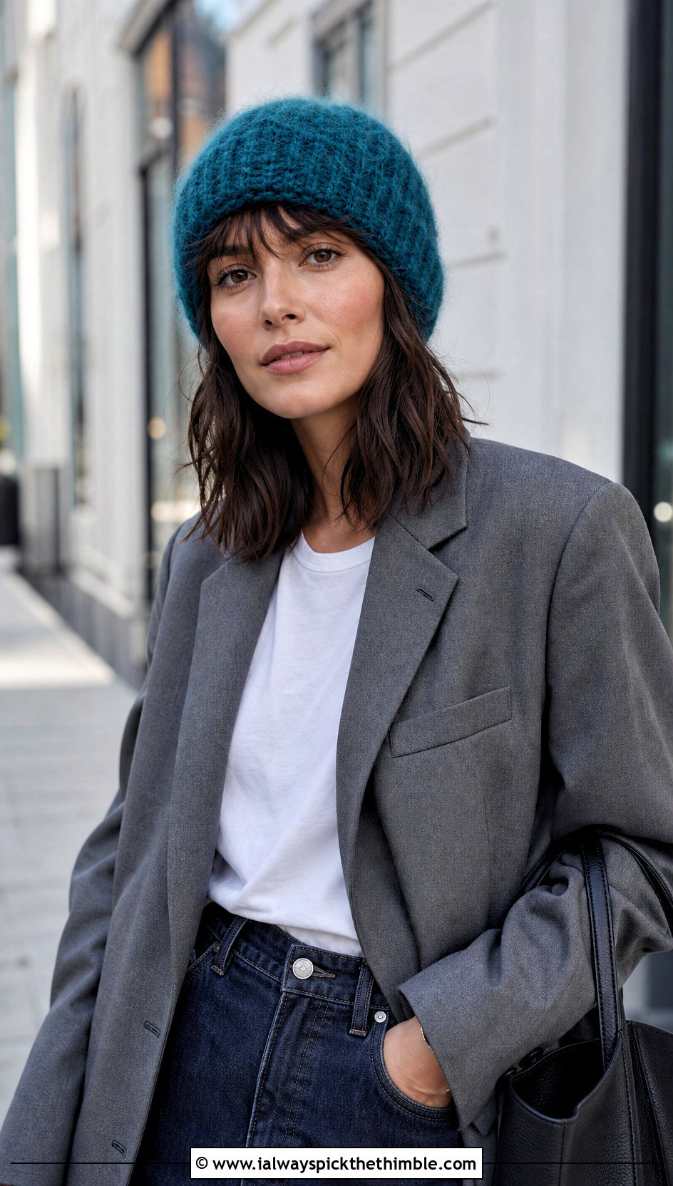 Fisherman Mohair Crochet Beanie With Blazer And Denim - 25 mohair crochet beanie outfit ideas