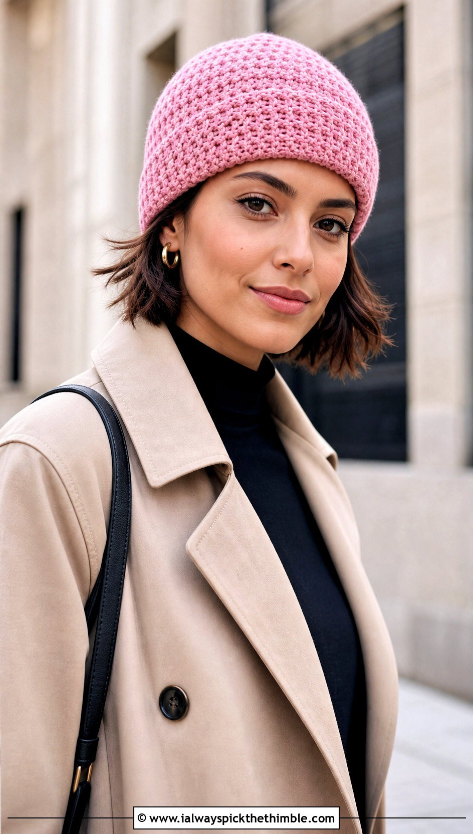 Fisherman Moss Stitch Crochet Beanie With Trench Coat - 20 Moss Stitch Crochet Hat outfit ideas