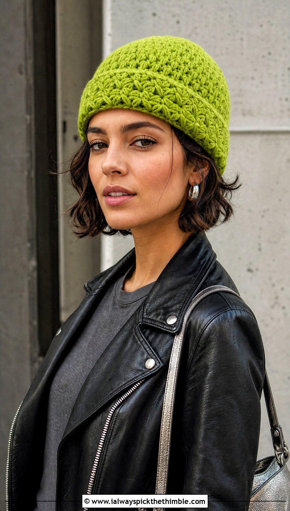 Fisherman Star Stitch Crochet Beanie With Leather Jacket - 20 Star Stitch Crochet Beanie outfit ideas