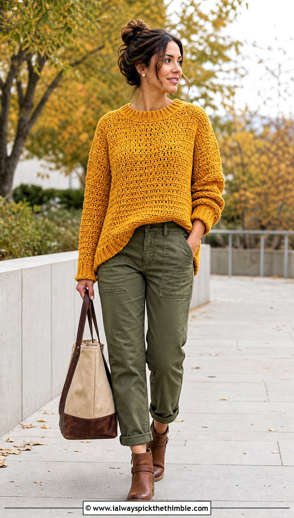 Fisherman Texture Slouchy Crochet Sweater With Utility Pants - 20 slouchy crochet sweater outfit ideas
