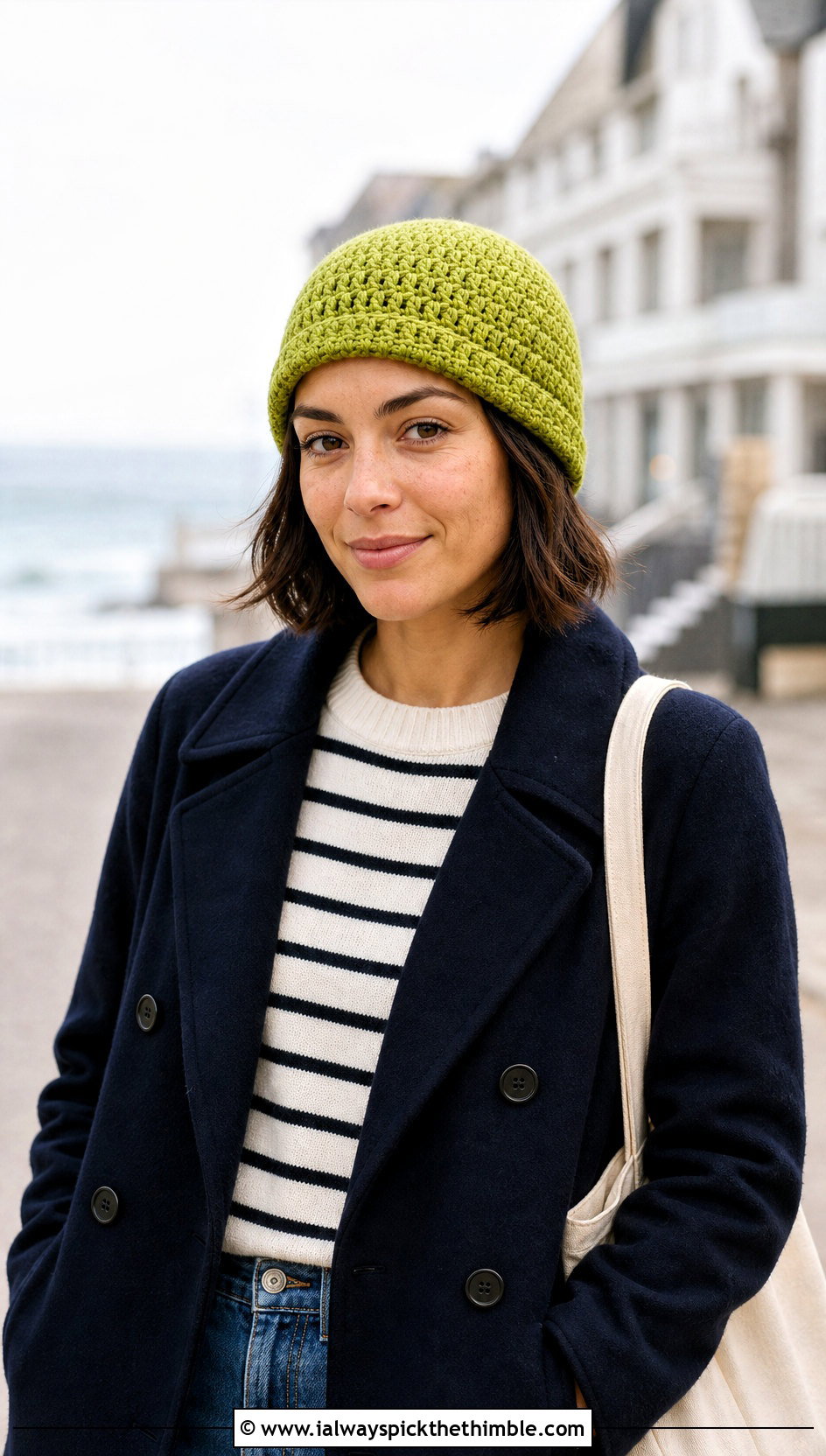Fisherman Top Down Crochet Beanie With Peacoat And Cropped Jeans - 25 top down crochet beanie outfit ideas