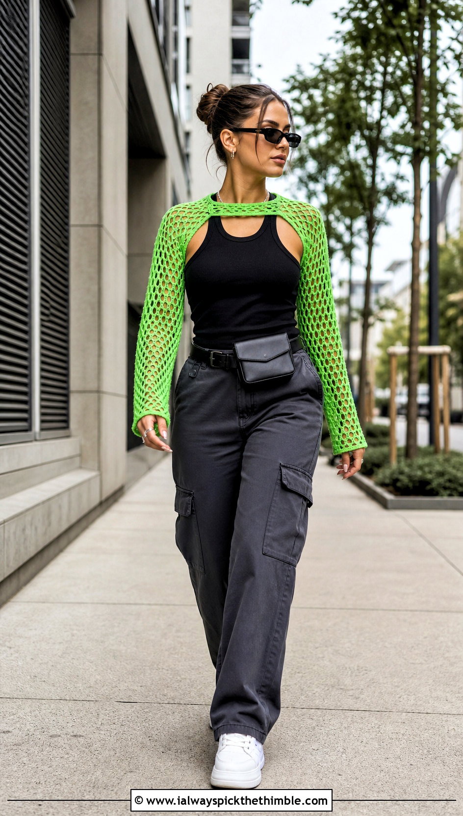 Fishnet Crochet Bolero Top With Cargo Pants - 20 crochet bolero top outfit ideas