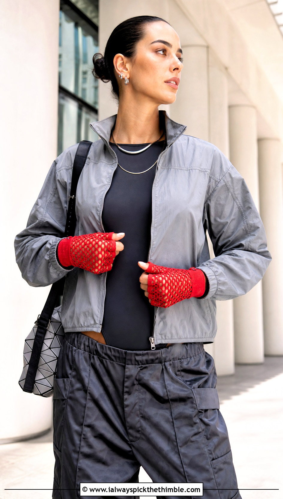 Fishnet Crochet Gloves With Satin Cargo Pants - 25 crochet hand gloves outfit ideas