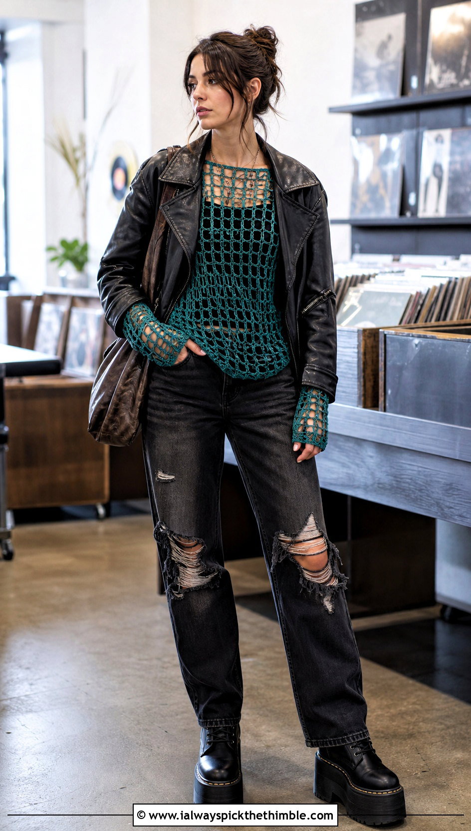 Fishnet Crochet Long Sleeve Top With Ripped Jeans - 25 goth crochet top outfit ideas