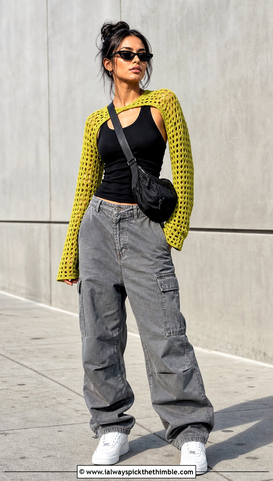 Fishnet Crochet Shrug Sweater With Cargo Pants - 20 crochet shrug sweater outfit ideas