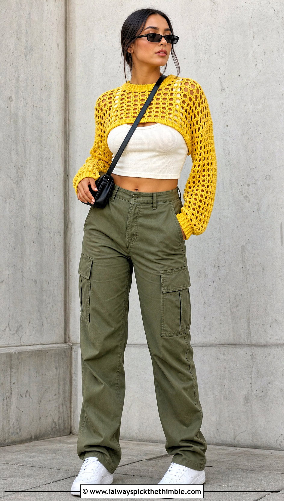 Fishnet Hollow Out Crop Crochet Sweater With Cargo Pants - 15 hollow out crop crochet sweater outfit ideas