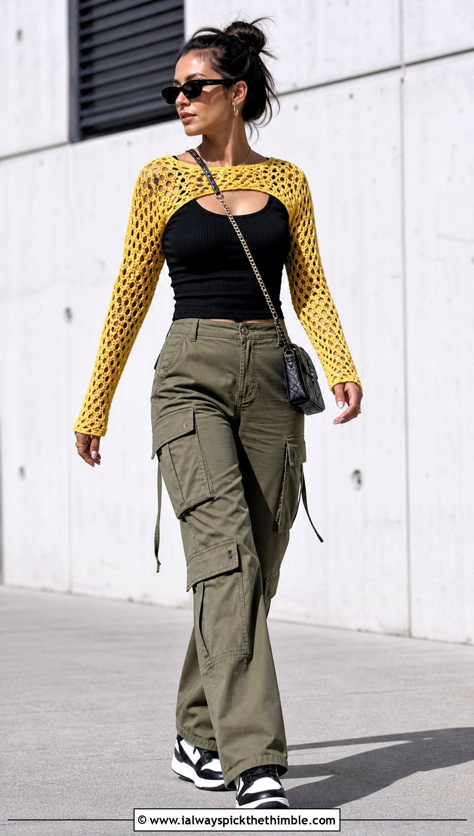 Fishnet Sleeve Crochet Shrug Top With Cargo Pants - 20 crochet mesh sleeve top outfit ideas