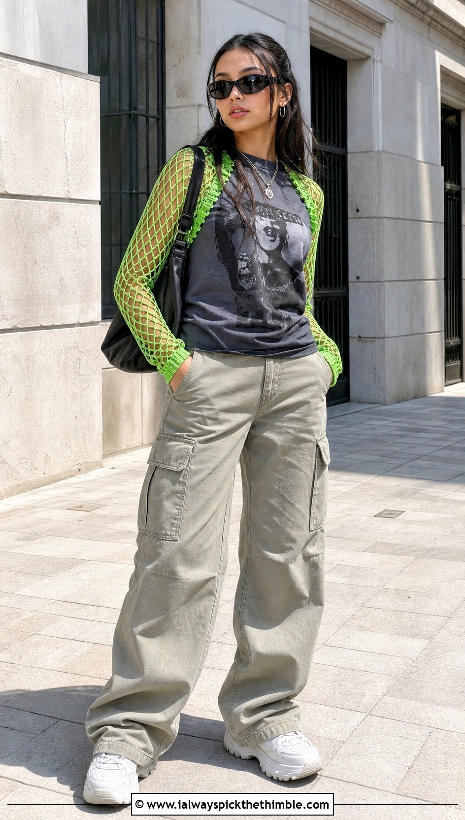 Fishnet Sleeve Shrug With Graphic T Shirt And Cargo Pants - 25 crocheted shrug outfit ideas