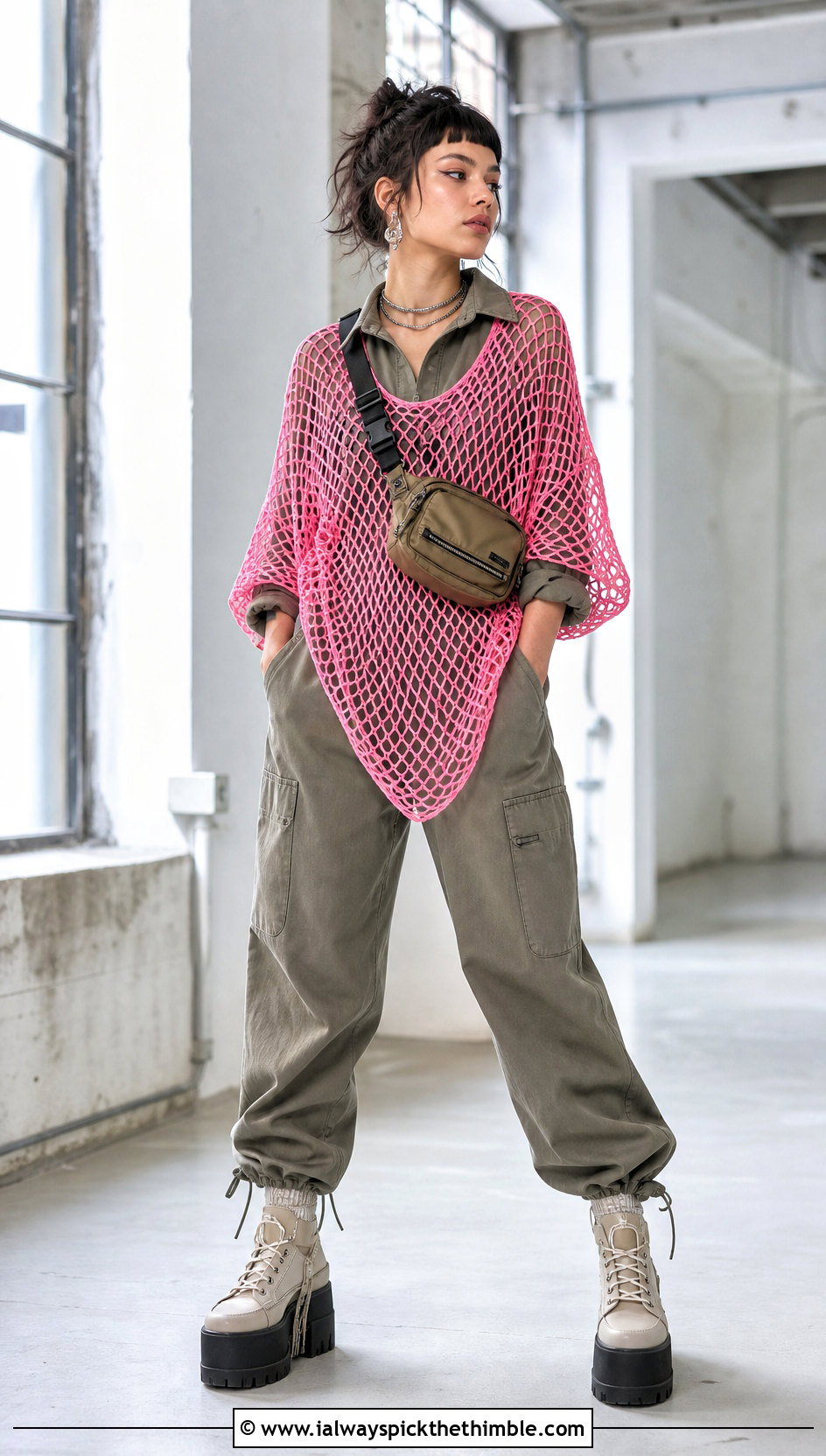 Fishnet Tunic Crochet Grunge Top With Utility Jumpsuit - 20 crochet grunge top outfit ideas