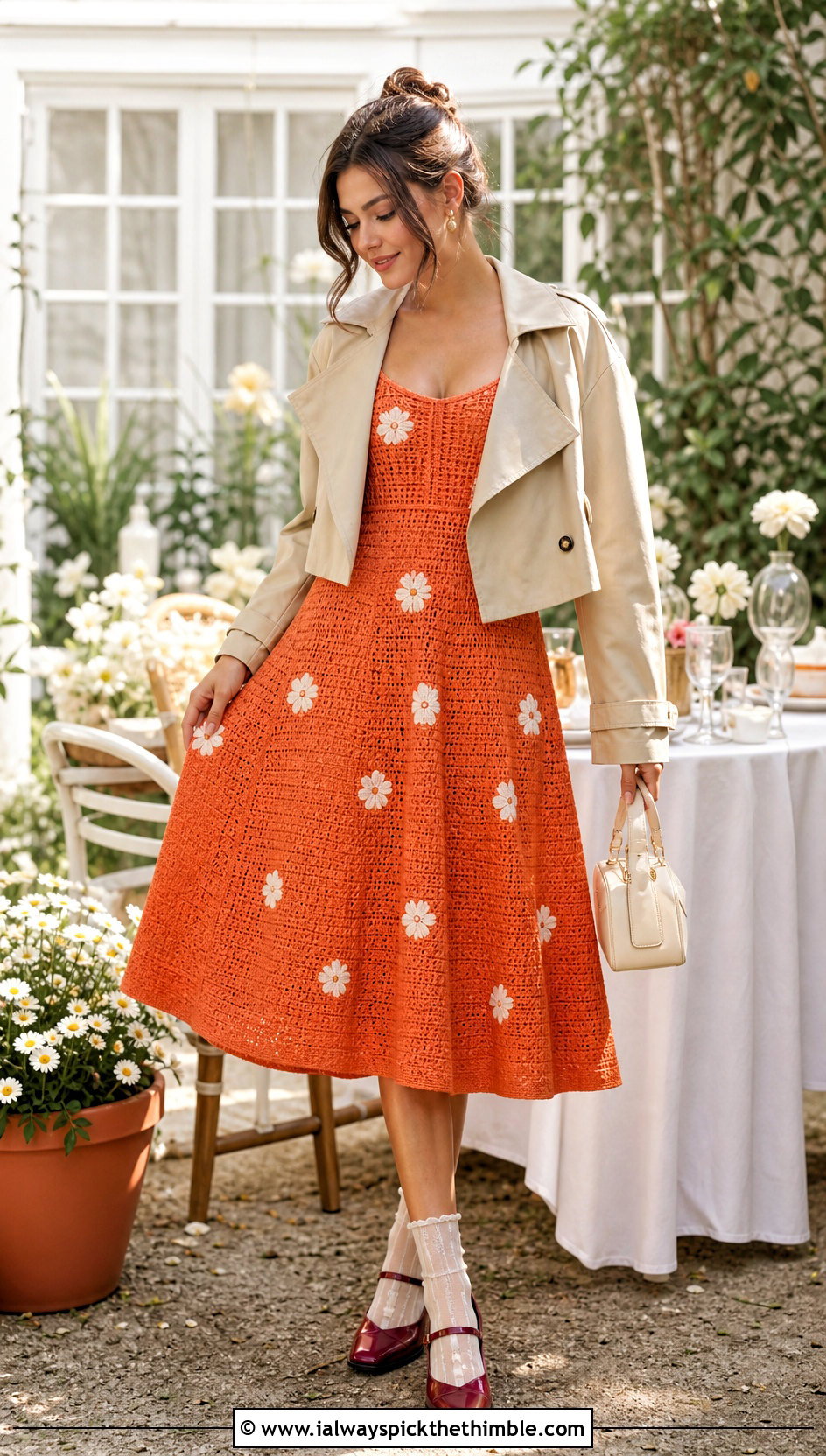 Fit And Flare Crochet Daisy Dress With Mary Jane Shoes - 15 Crochet Daisy Dress outfit ideas