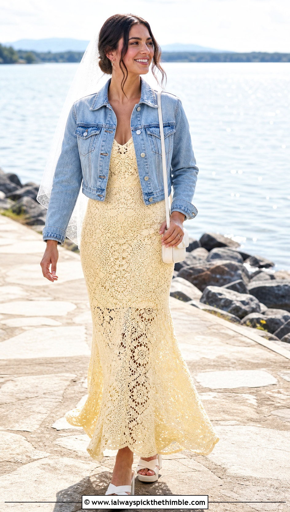 Fit And Flare Crochet Wedding Dress With Denim Jacket - 25 crochet wedding dresses outfit ideas