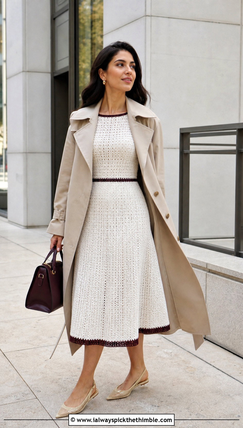 Fit And Flare White Crochet Midi Dress With Trench Coat - 20 White Crochet Midi Dress outfit ideas