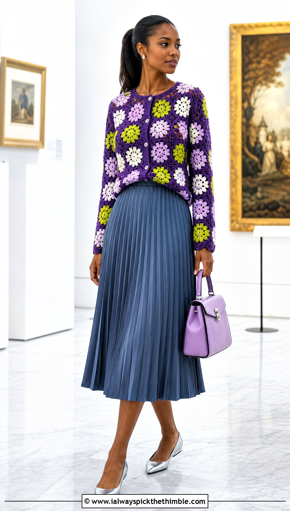 Fitted African Flower Crochet Cardigan With Pleated Midi Skirt - 20 african flower crochet cardigan outfit ideas