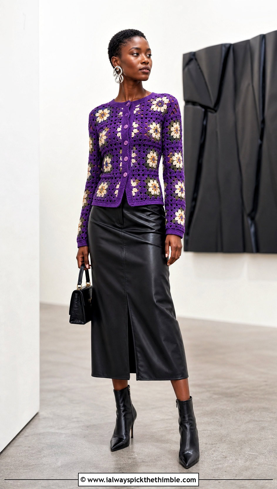 Fitted African Flower Granny Square Cardigan With Leather Midi Skirt - 20 african flower granny square cardigan outfit ideas