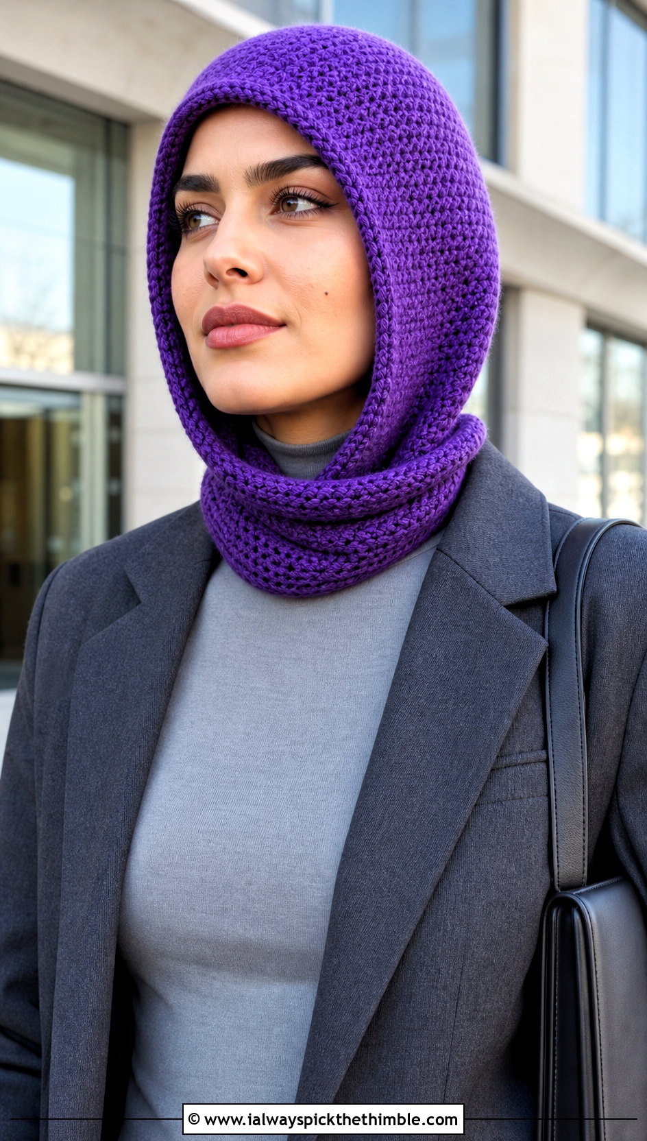Fitted Balaclava Crochet Cowl Hood With Blazer - 20 crochet cowl hood outfit ideas
