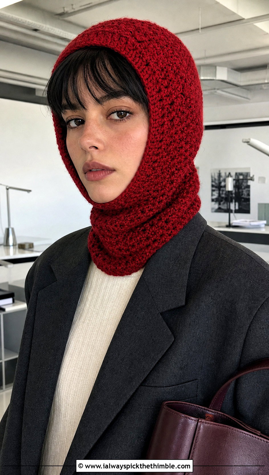 Fitted Balaclava Crochet Hooded Cowl With Blazer - 20 easy crochet hooded cowl outfit ideas