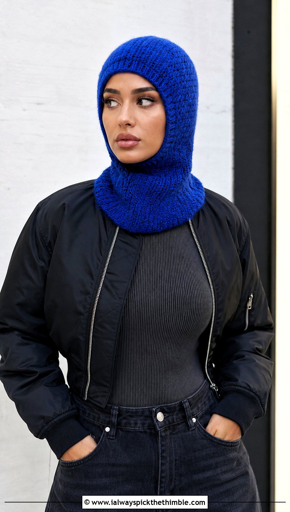 Fitted Balaclava Hooded Scarf With Bomber Jacket - 20 crochet scarf with hood outfit ideas