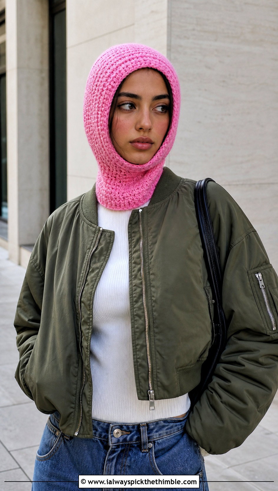 Fitted Balaclava Scarf Hood With Bomber Jacket - 20 crochet scarf hood outfit ideas