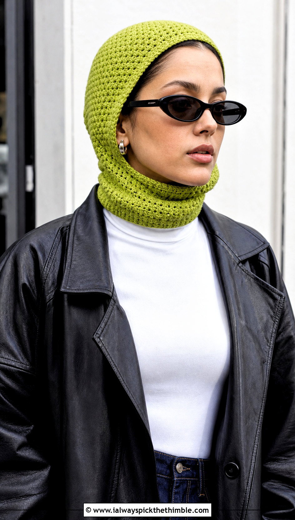 Fitted Balaclava Scarf With Leather Jacket - 25 crochet hood scarf outfit ideas