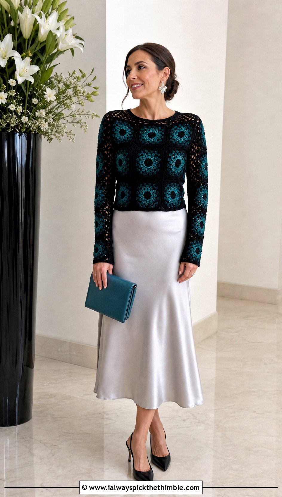 Fitted Black Granny Square Sweater With Satin Midi Skirt - 20 black granny square sweater outfit ideas